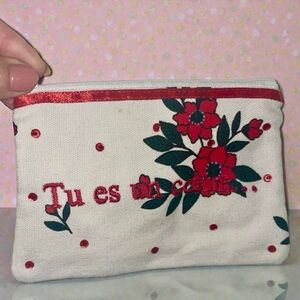 New Petite Mendigote Make Up Pouch Canvas Red Embroidery Roses 7"W Paris